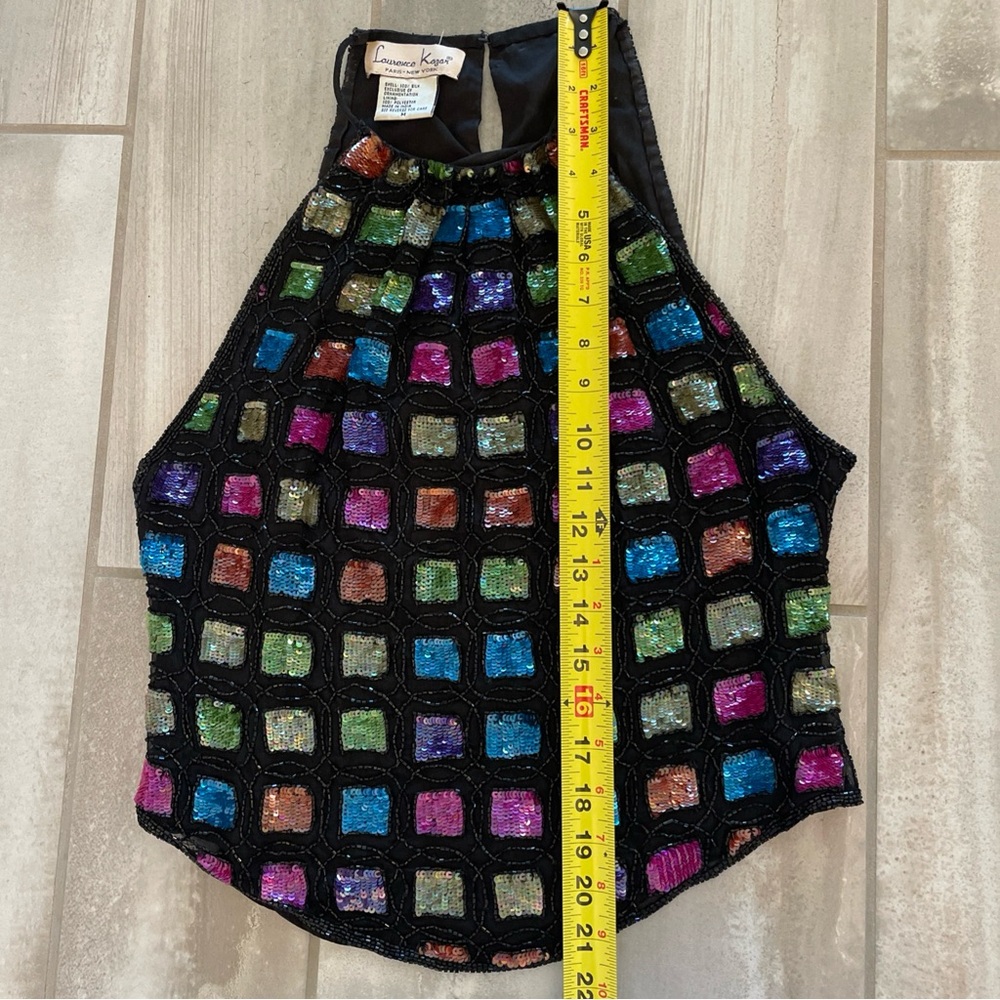 VTG Laurence Kazar Silk Multicolor Sequin Beaded Halter Top Medium 80's - Picture 8 of 15